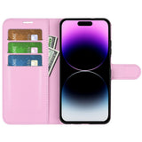 iPhone 15 Pro Litchi Skinn Deksel m. Lommebok - Pink