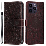 iPhone 15 Pro Max Skinn Deksel med Lommebok og Stropp - Mandala Blomst - Brun