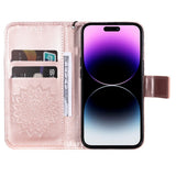 iPhone 15 Pro Max Skinn Deksel med Lommebok og Stropp - Mandala Blomst - Rose Gold