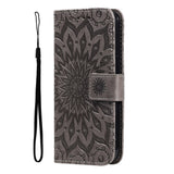 iPhone 15 Pro Skinn Deksel med Lommebok og Stropp - Mandala Blomst - Brun