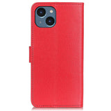 iPhone 15 Litchi Skinn Deksel m. Lommebok - Rød