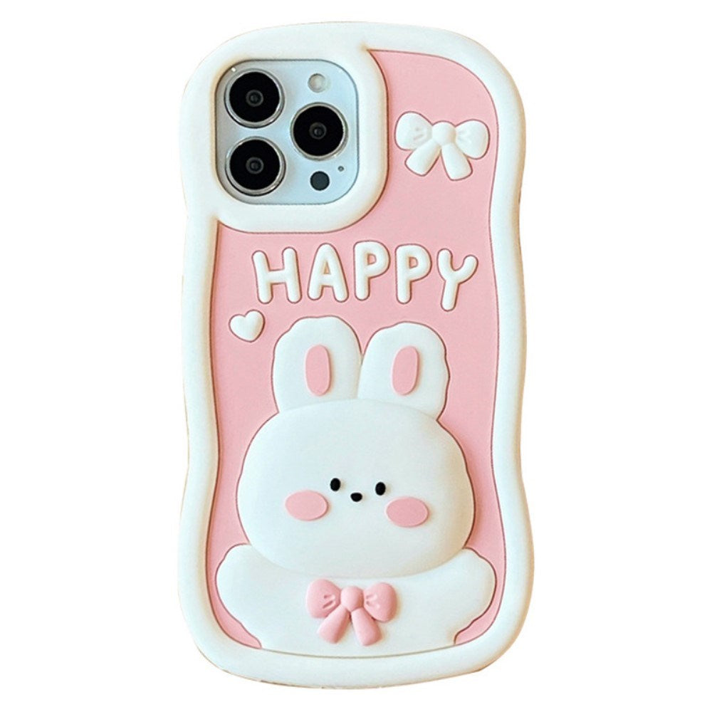 EIDERWOOD iPhone 14 Pro Max Silikon Deksel med 3D-Kanin - Rosa / Hvit