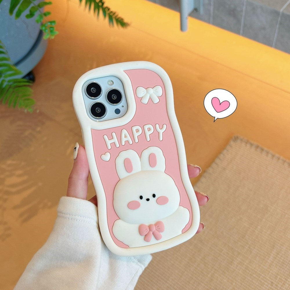 EIDERWOOD iPhone 14 Pro Max Silikon Deksel med 3D-Kanin - Rosa / Hvit