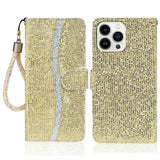 iPhone 15 Pro Kunstskinn Deksel med Lommebok og Stropp - Glitter Design - Gull