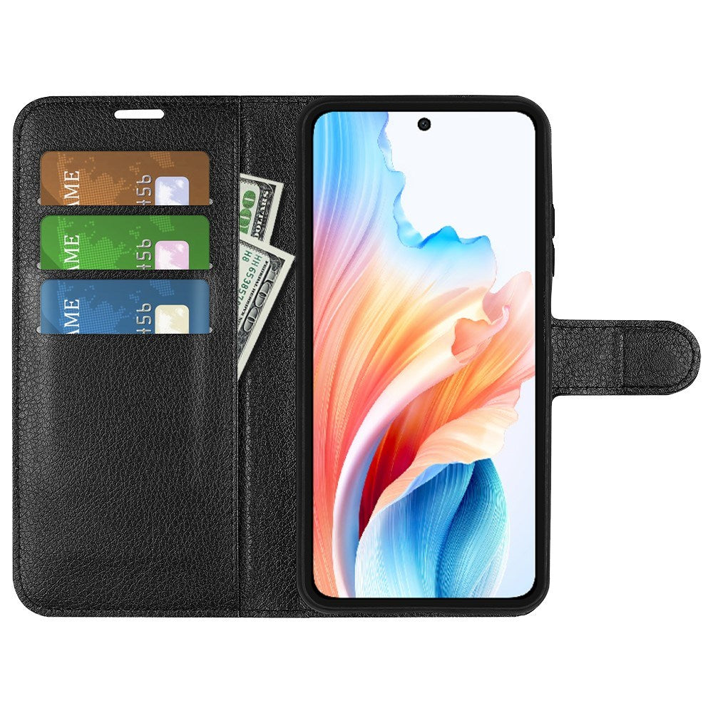 EIDERWOOD OPPO A79 (5G) Litchi Skinn Deksel med Lommebok og Stativfunksjon - Svart