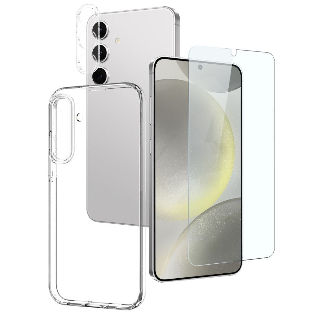 NORTHJO Samsung Galaxy S24 | 3-i-1 360° Beskyttelsessett med Deksel | Skjermbeskytter | Kameralinsebeskytter - Gjennomsiktig