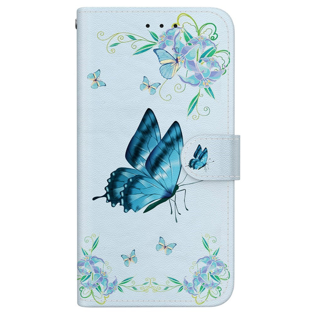 EIDERWOOD iPhone 17e / 16e Kunstskinn Deksel med Lommebok og Stropp - Blå Sommerfugl