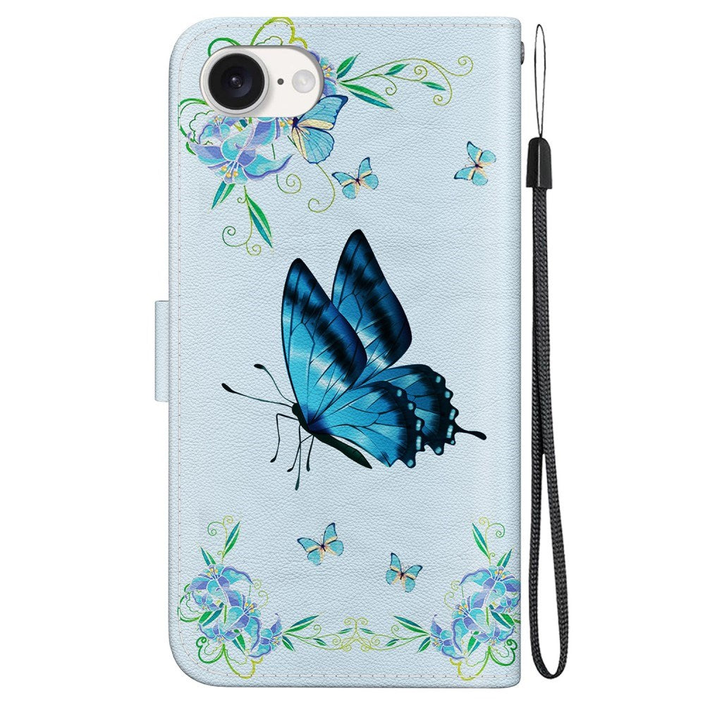EIDERWOOD iPhone 17e / 16e Kunstskinn Deksel med Lommebok og Stropp - Blå Sommerfugl