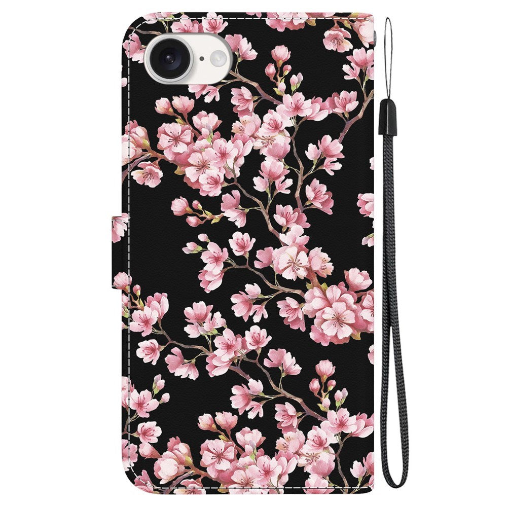 EIDERWOOD iPhone 17e / 16e Kunstskinn Deksel med Lommebok og Stropp - Svart med Blomster