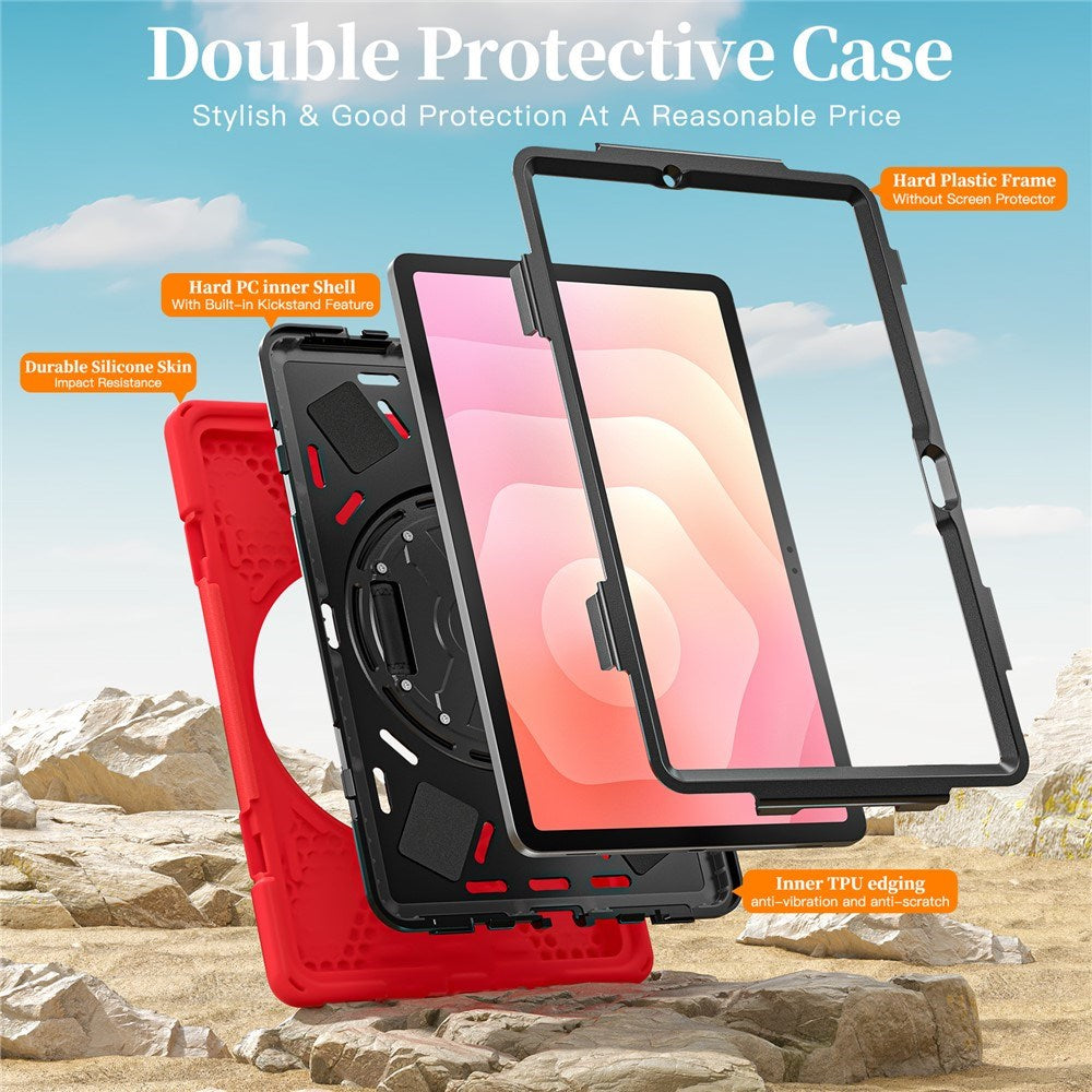 EIDERWOOD Samsung Galaxy Tab S11 Støtsikkert Deksel med 360 Graders Roterbar Støtte & Borrelåsstropp - Rød