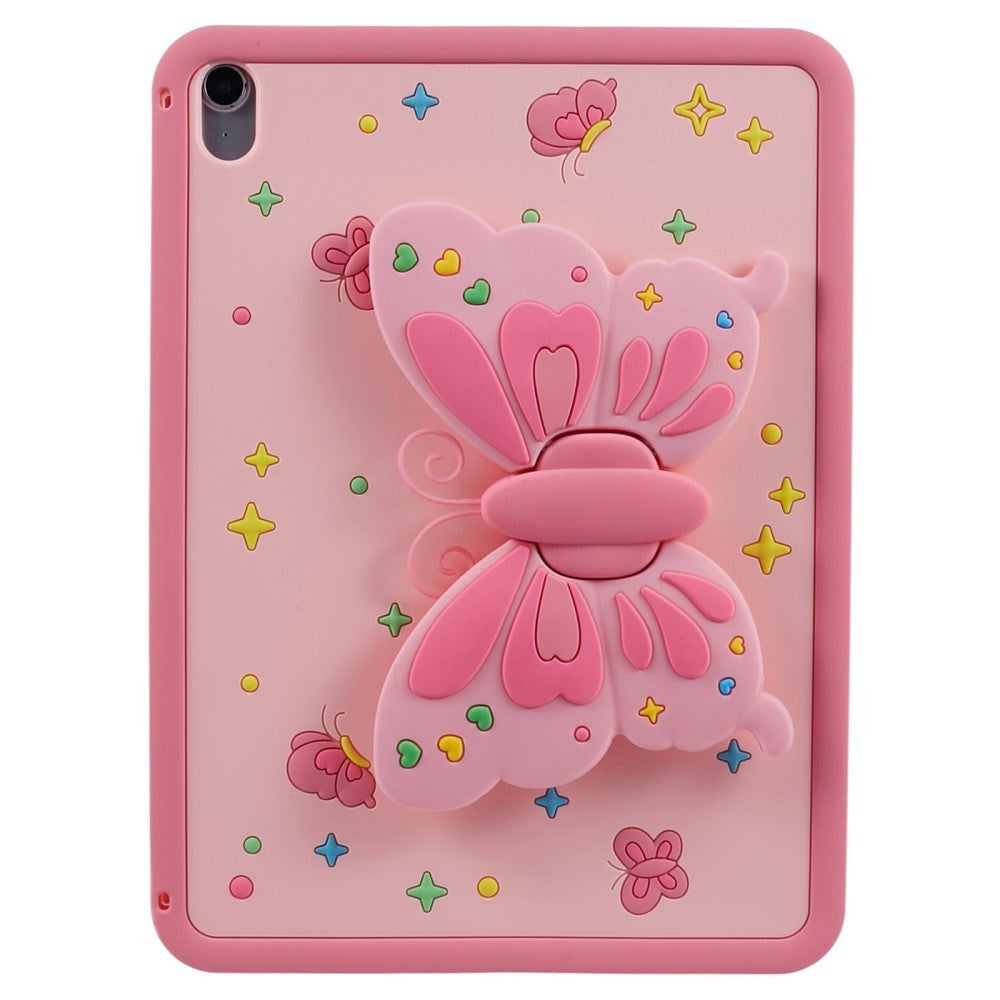 iPad 11" (2025) / iPad 10.9" (2024/2022) Barnedeksel - Sommerfugl Kickstand Silikon Deksel med Skulderstropp - Rosa