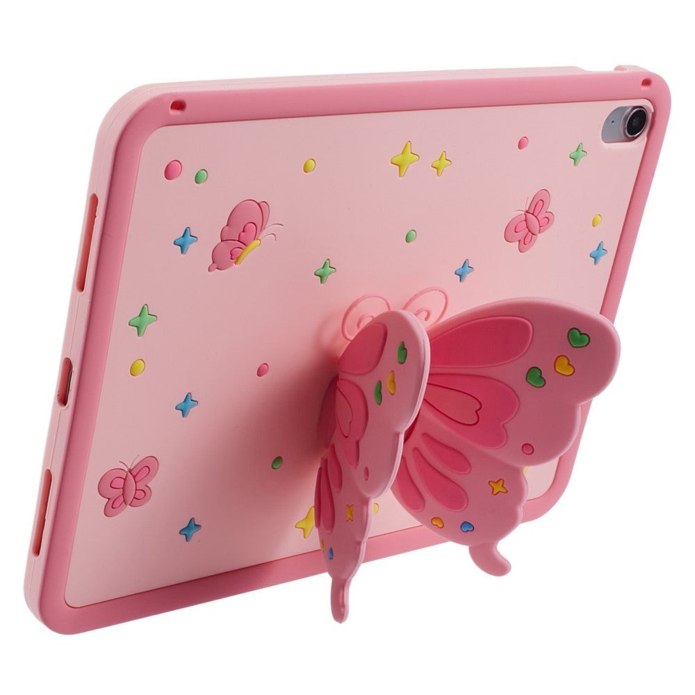 iPad 11" (2025) / iPad 10.9" (2024/2022) Barnedeksel - Sommerfugl Kickstand Silikon Deksel med Skulderstropp - Rosa