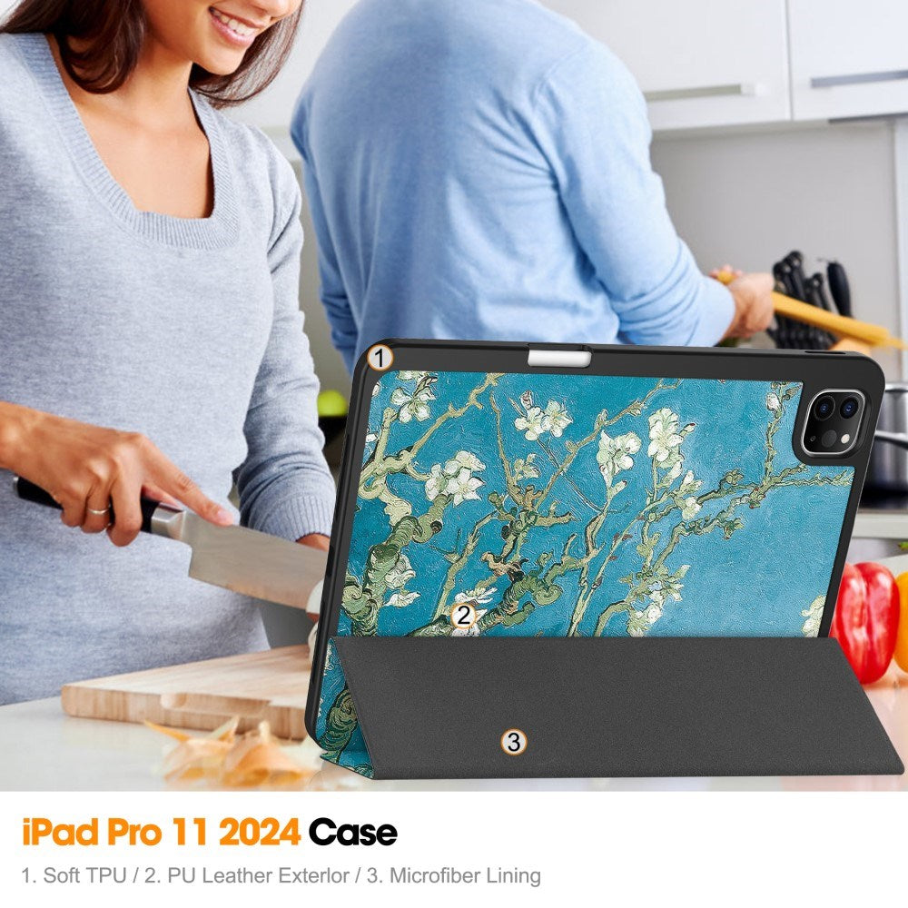 EIDERWOOD iPad Pro 11" (2025 / 2024) Tri-Fold Kunstskinn Flip Deksel m. Våkne / Sove Funksjon - Blomster