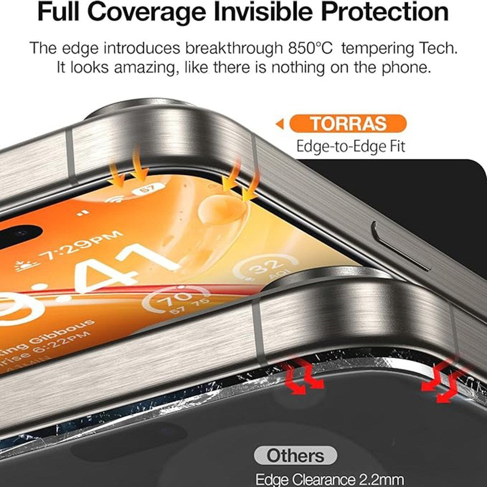 TORRAS iPhone 15 / 14 Pro Full Fit Herdet Skjermbeskyttelsesglass m. Monteringsramme - Gjennomsiktig