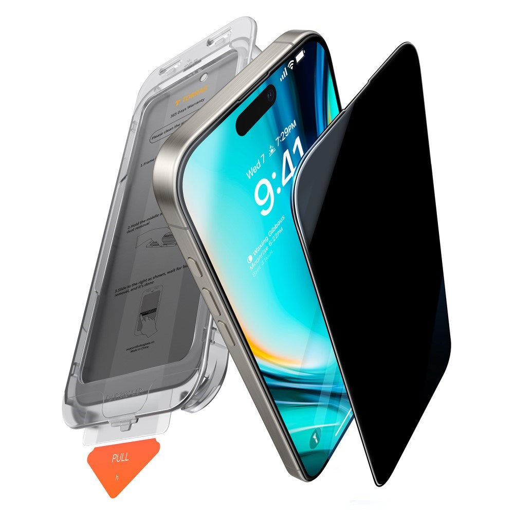 TORRAS iPhone 16 Pro Full Fit Skjermbeskytter m. Monteringsramme - Privacy Funksjon - Gjennomsiktig