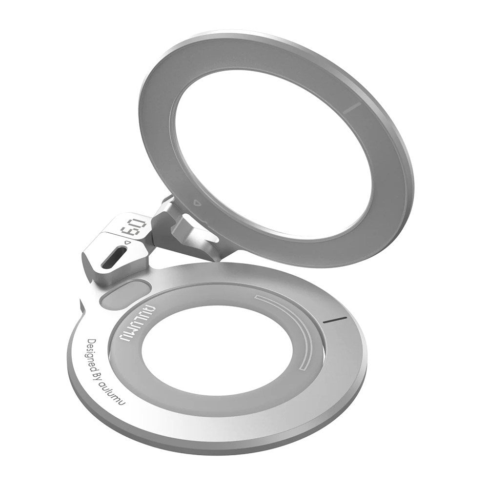 AULUMU 2-i-1 Magnetisk Fingerring / Mobilstativ - 360° Roterbar - MagSafe Kompatibel - Sølv