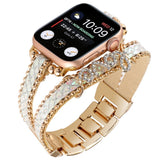 Apple Watch (38/40/SE/41/42mm) Metall og Skinn Rem m. Rhinstenen - Gull / Hvit