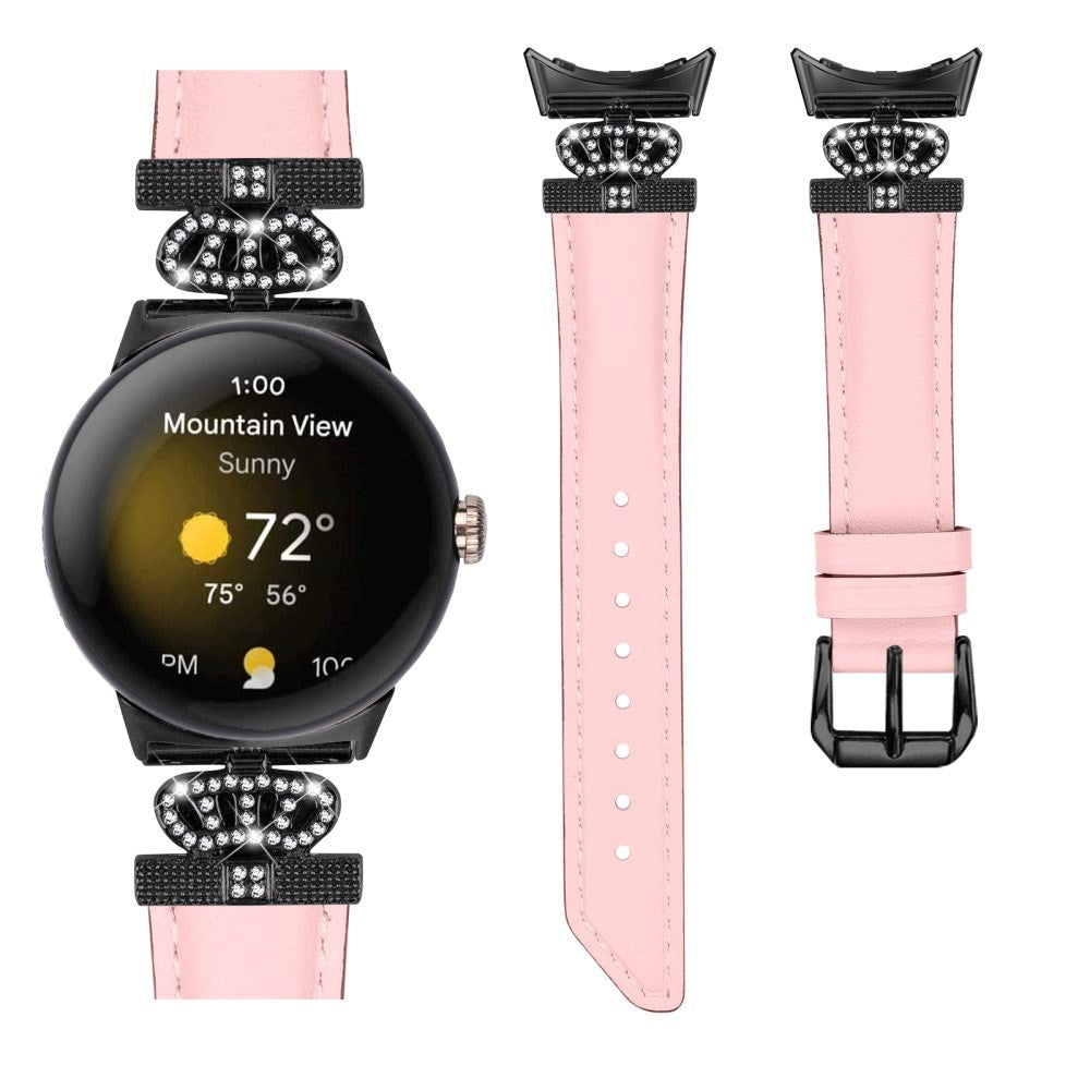 Google Pixel Watch 4 / 3 / 2 / 1 (41mm) Kunstskinn Rem med Svart Rhinstenen Spenne - Rosa