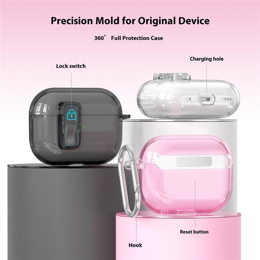 Apple AirPods Pro (3. gen.) Hybrid Plast Deksel m. Karabinkrok - Gjennomsiktig Glitter / Rosa