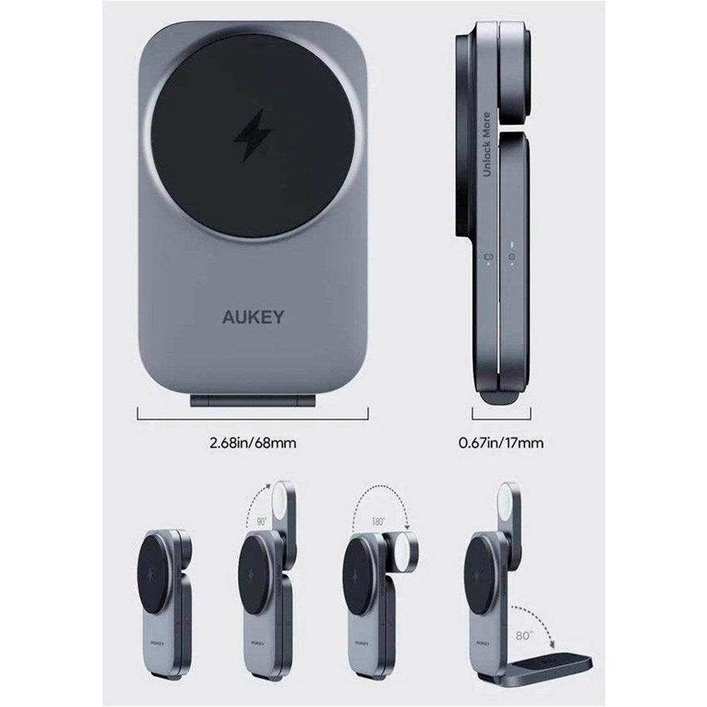 Aukey MagFusion 3-i-1 Magnetisk Foldbar Trådløs Lader - MagSafe Kompatibel - Grå