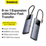 Baseus USB-C 6-i-1 Multiportadapter med 2 x USB-C 2 x USB-A 1 x HDMI 1 x RJ45 - Grå