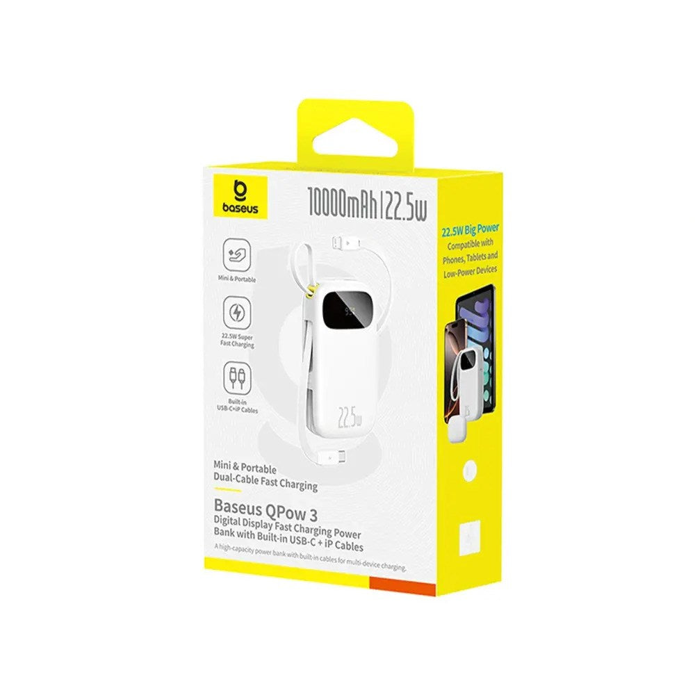 Baseus EnerFill 10 000 mAh Powerbank 22,5 W med Innebygd USB-C- & Lightning-Kabel - Hvit