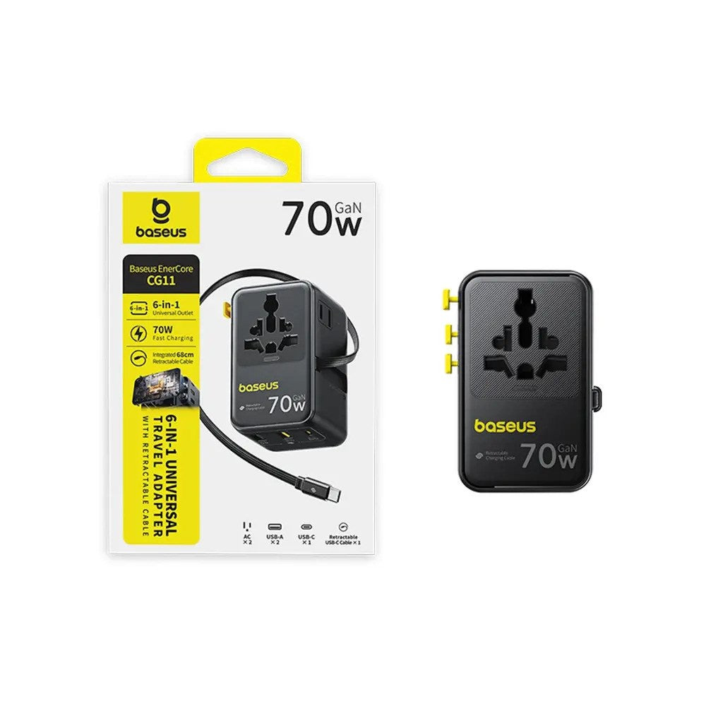 Baseus EnerCore 70W 6-i-1 Reiseadapter m. Uttrekkbart USB-C Kabel - Svart