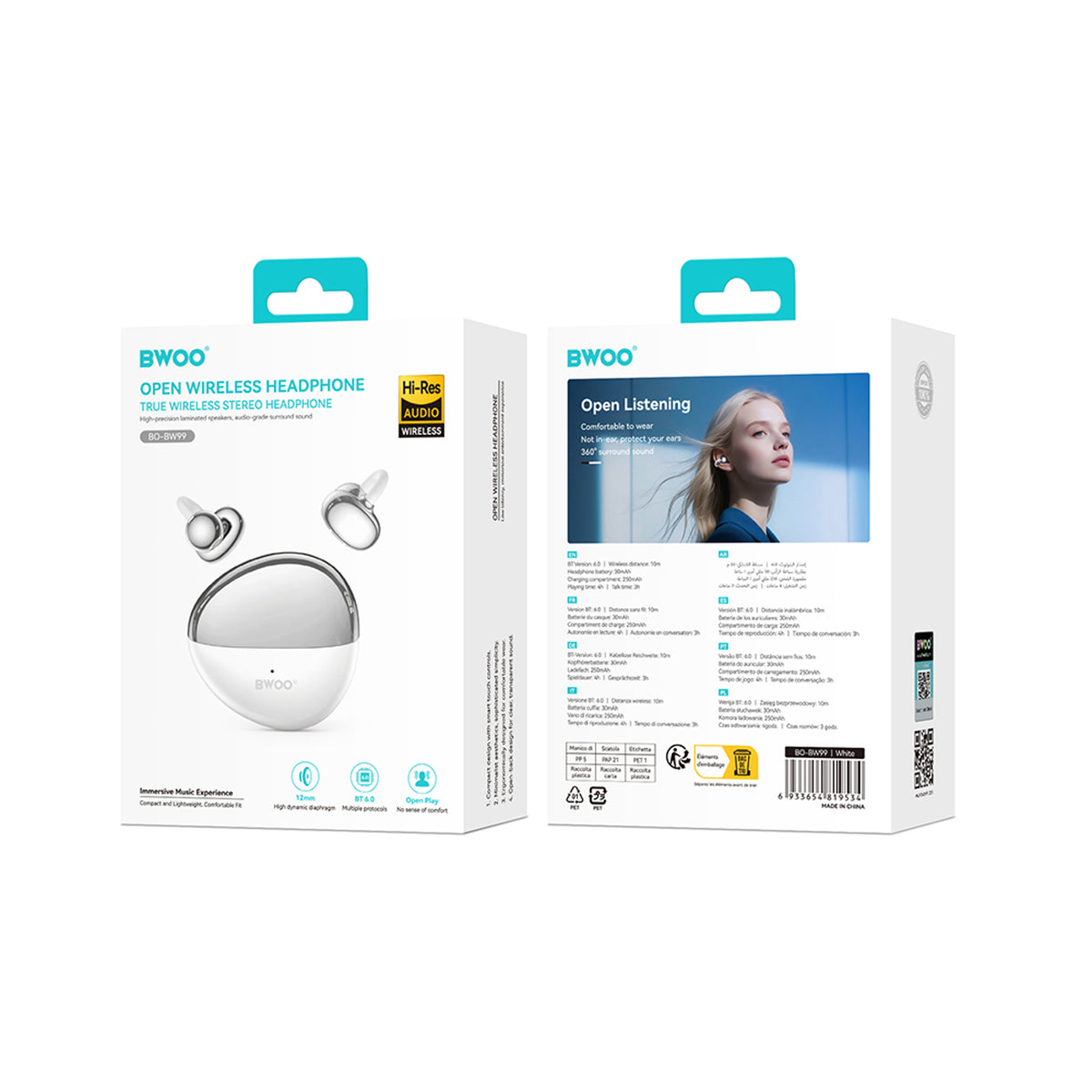BWOO True Wireless Hodetelefoner - Open-Ear - Grå