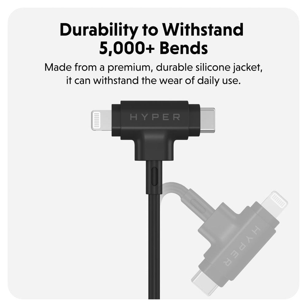 Hyper HyperJuice 60W 2-i-1 Hybrid Silikon USB-C til USB-C & Lightning Kabel - 1.5m - Svart