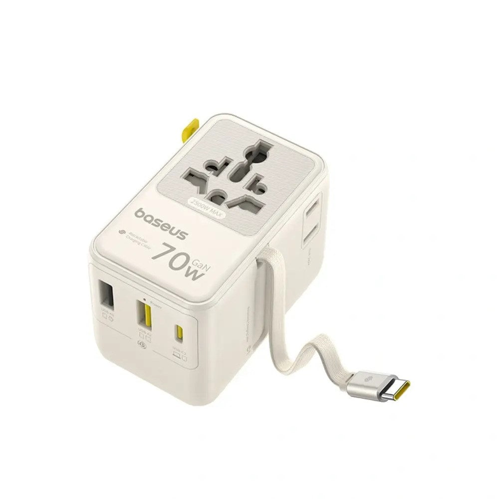 Baseus EnerCore 70W 6-i-1 Reiseadapter m. Uttrekkbart USB-C Kabel - Hvit