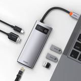 Baseus 6-i-1 USB-C Multiportadapter med 3 x USB-A 1 x USB-C 1 x HDMI 1 x RJ45 - Grå