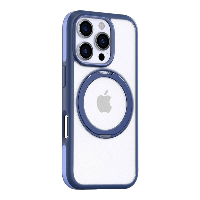 TORRAS iPhone 16 Pro Hybrid Plast Deksel m. Roterbar Kickstand Ring - MagSafe Kompatibel - Gjennomsiktig / Blå