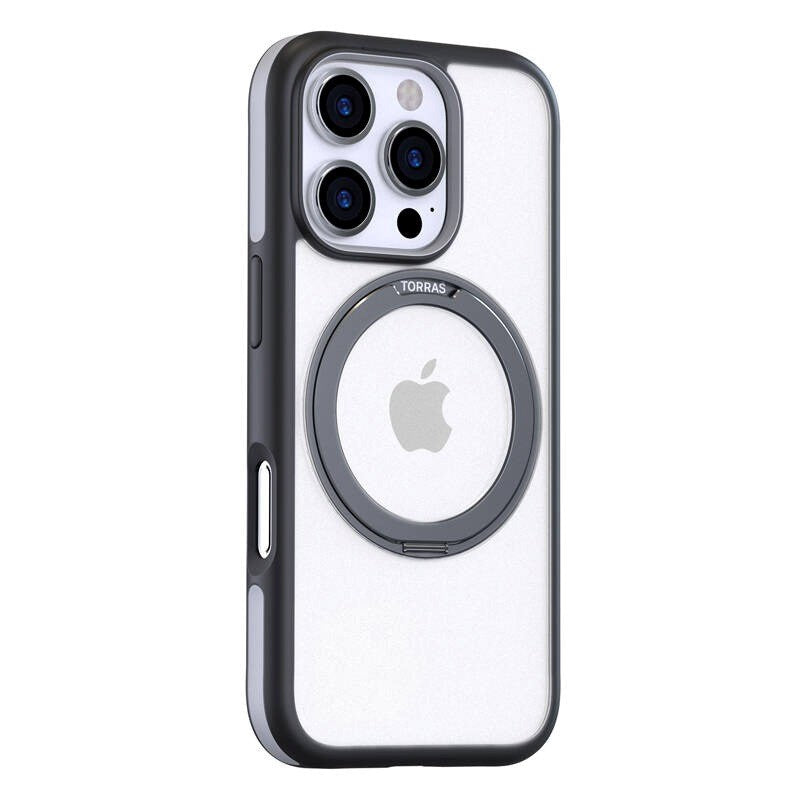 TORRAS iPhone 16 Pro Hybrid Plast Deksel m. Roterbar Kickstand Ring - MagSafe Kompatibel - Gjennomsiktig / Svart