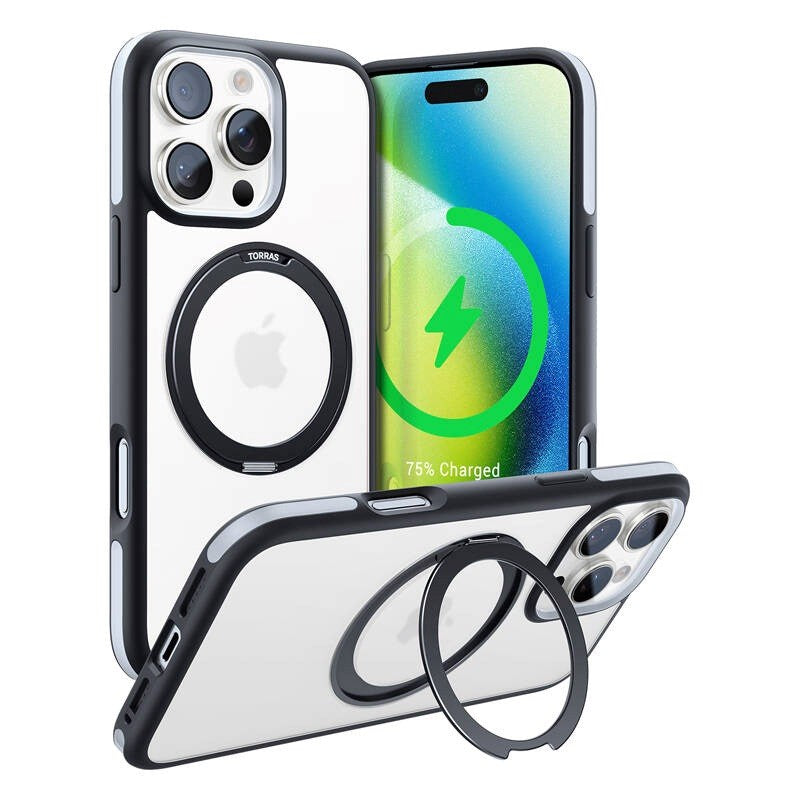 TORRAS iPhone 16 Pro Hybrid Plast Deksel m. Roterbar Kickstand Ring - MagSafe Kompatibel - Gjennomsiktig / Svart