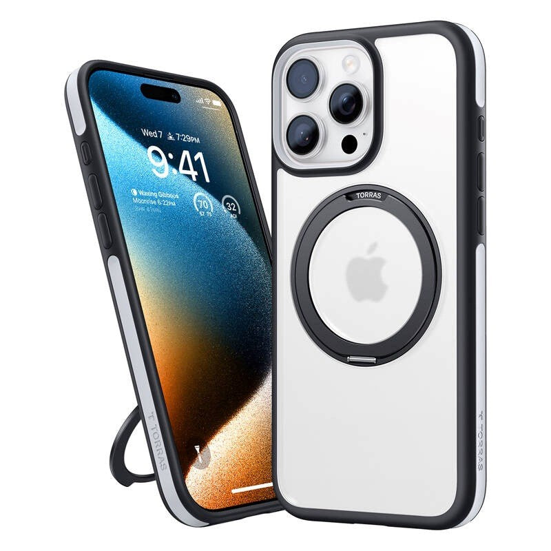 TORRAS iPhone 16 Pro Hybrid Plast Deksel m. Roterbar Kickstand Ring - MagSafe Kompatibel - Gjennomsiktig / Svart