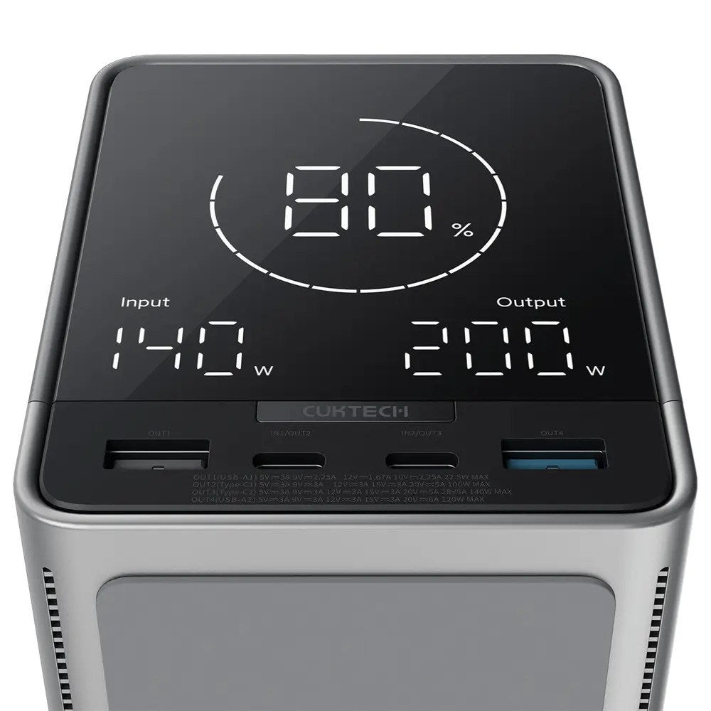 CUKTECH 300W PowerBank m. Trådløs Lading - 2x USB-C & 2x USB-A - 40.000 mAh - Svart