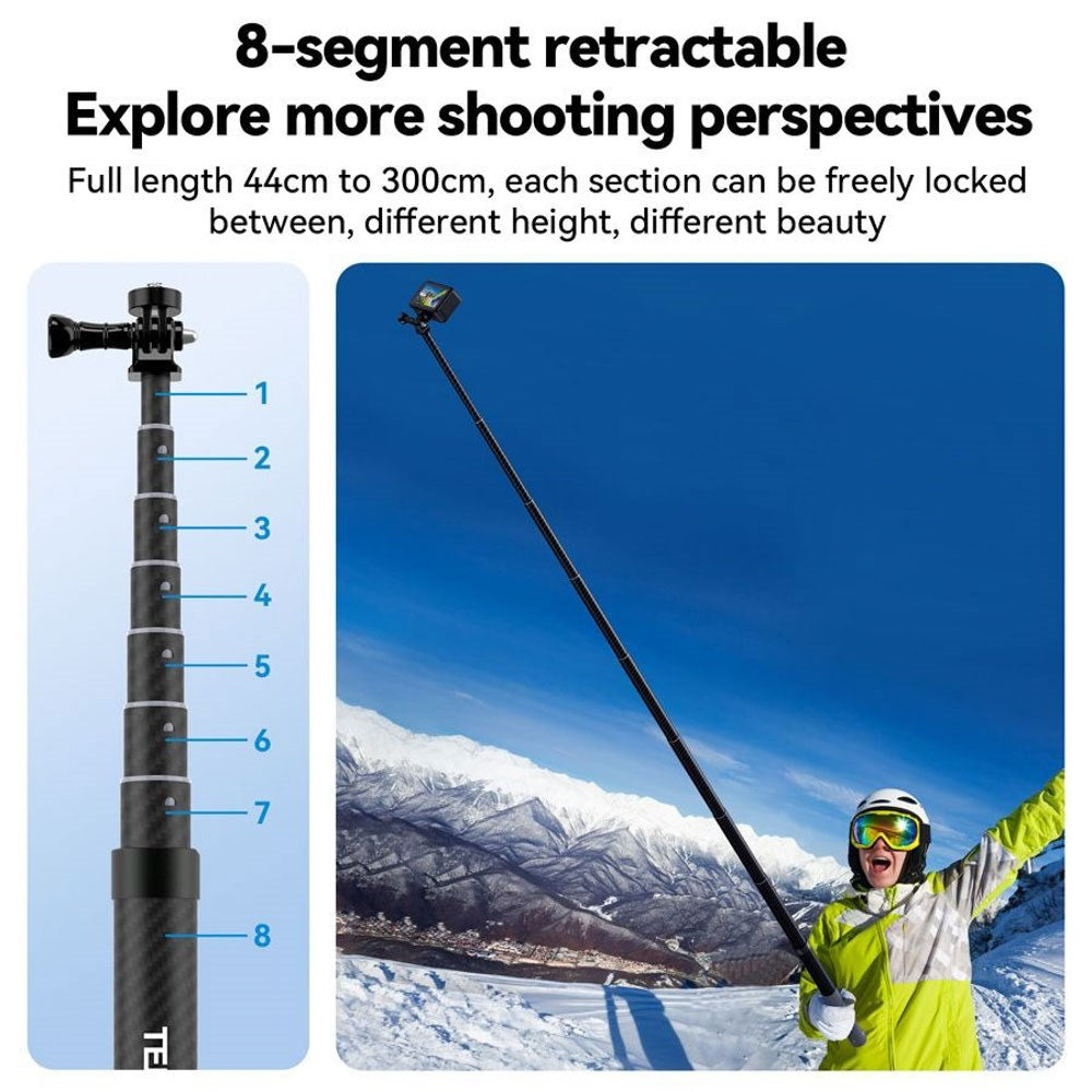 TELESIN Teleskopisk Selfiestang med Silikonhåndtak - 3 meter - Svart / Grå