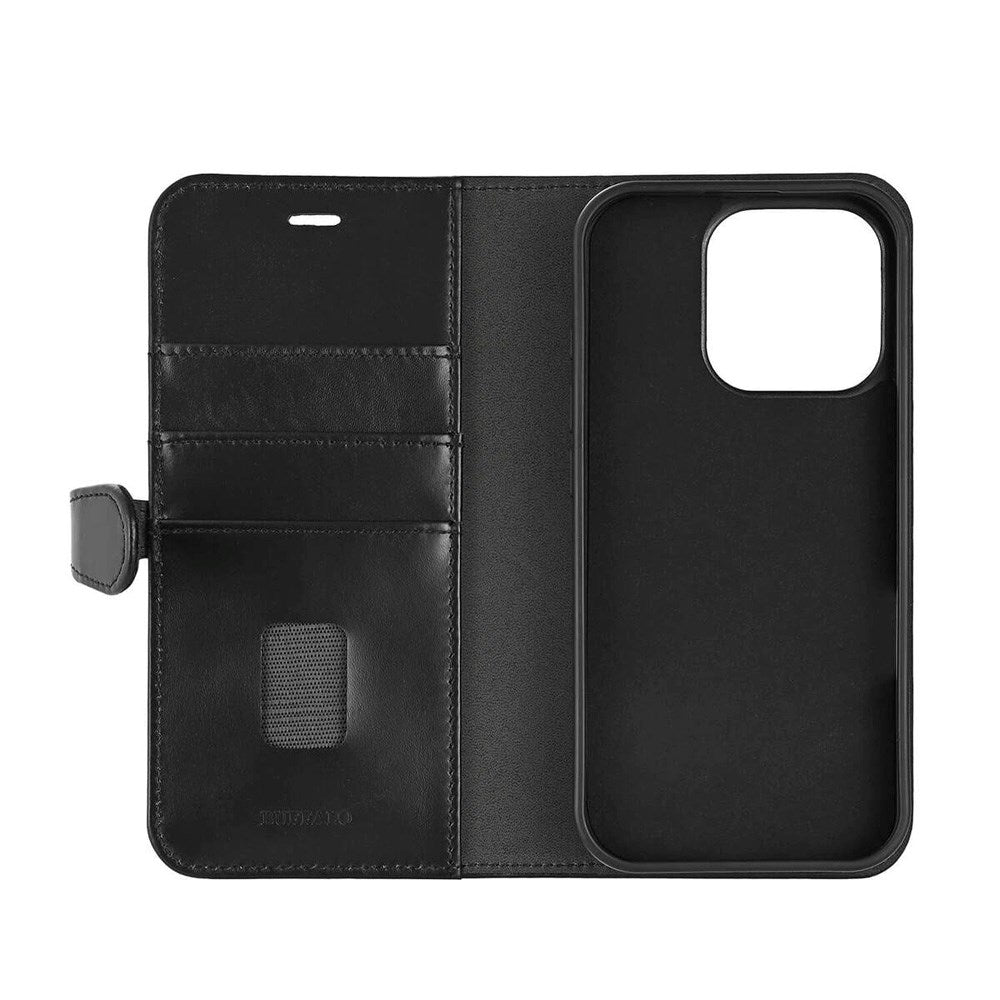 iPhone 16 Pro Buffalo 2-i-1 Magnet Flip-Deksel i Ekte Skinn med Lommebok - MagSafe Kompatibel - Svart