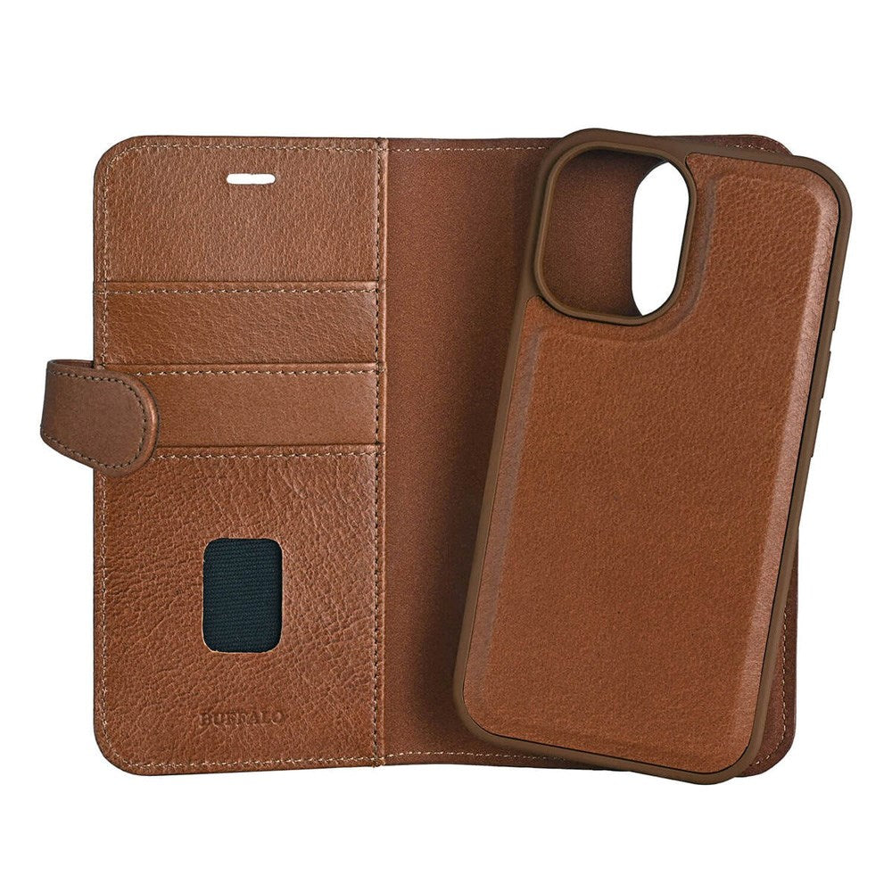 iPhone 16 Buffalo 2-i-1 Magnet Flip-Deksel i Ekte Skinn med Lommebok - MagSafe Kompatibel - Brun