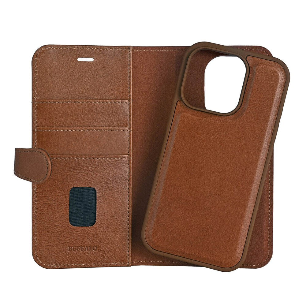 iPhone 16 Pro Buffalo 2-i-1 Magnet Flip-Deksel i Ekte Skinn med Lommebok - MagSafe Kompatibel - Brun