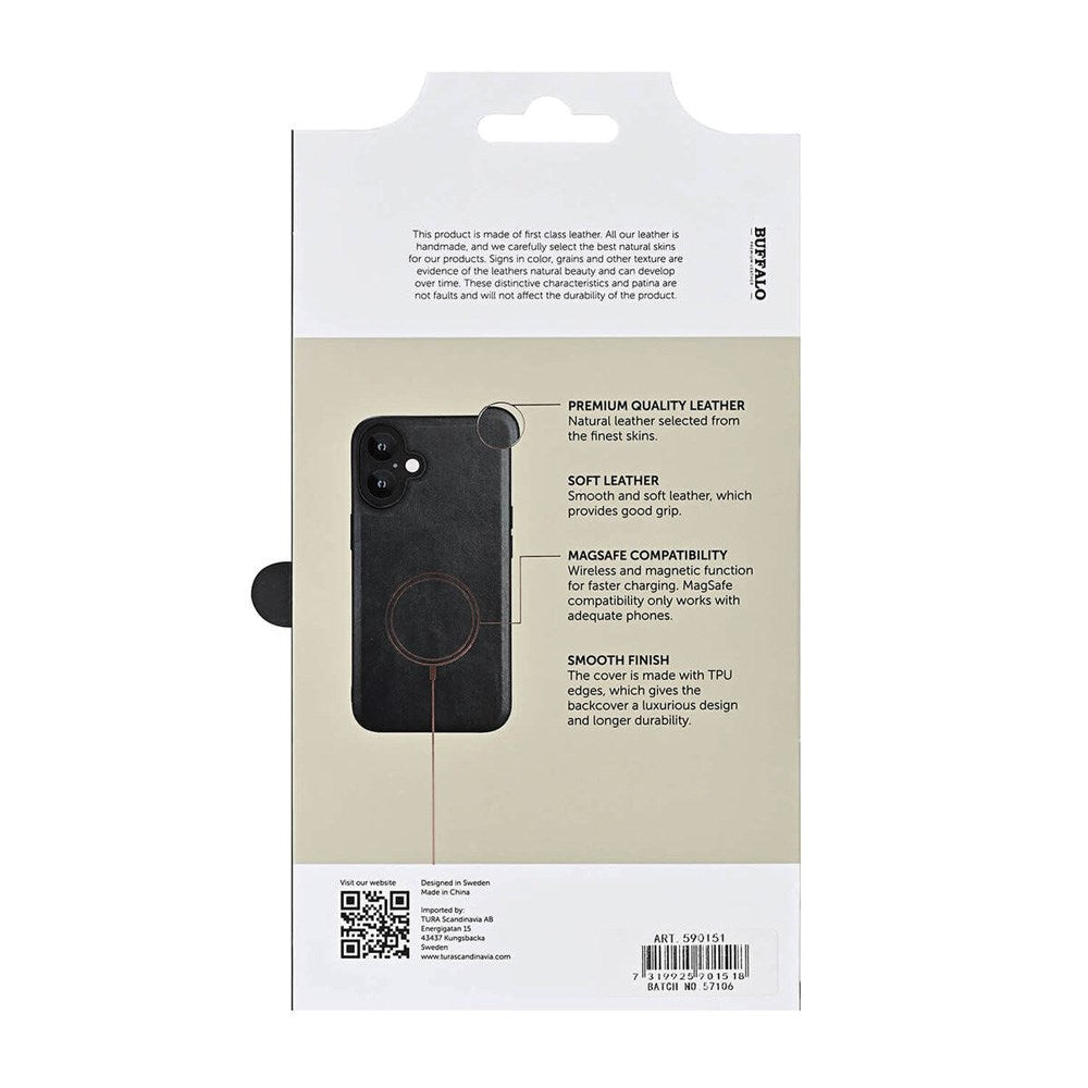 iPhone 16 Buffalo Ekte Skinn Deksel - MagSafe Kompatibel - Svart