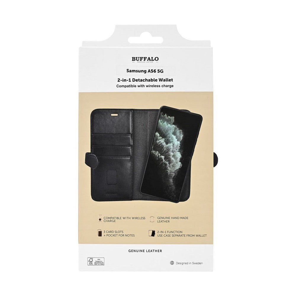 Samsung Galaxy A56 (5G) Buffalo 2-i-1 Magnet Flip-Deksel i Ekte Skinn med Lommebok - Svart