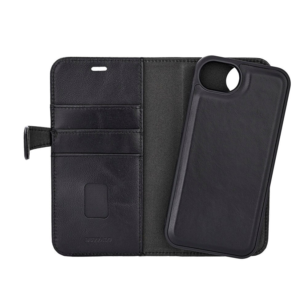iPhone 17e / 16e Buffalo 2-i-1 Ekte Skinn Flip Deksel - Svart