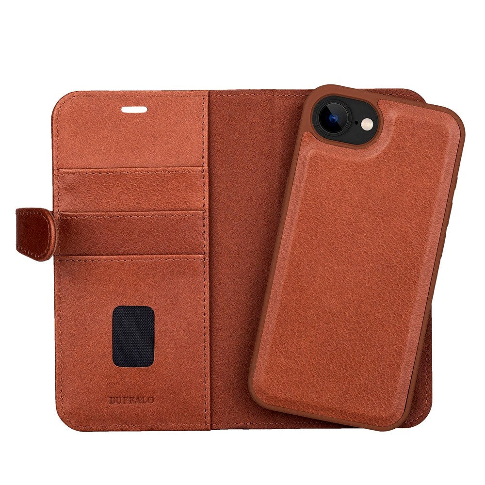 iPhone 17e / 16e Buffalo 2-i-1 Ekte Skinn Flip Deksel - Brun