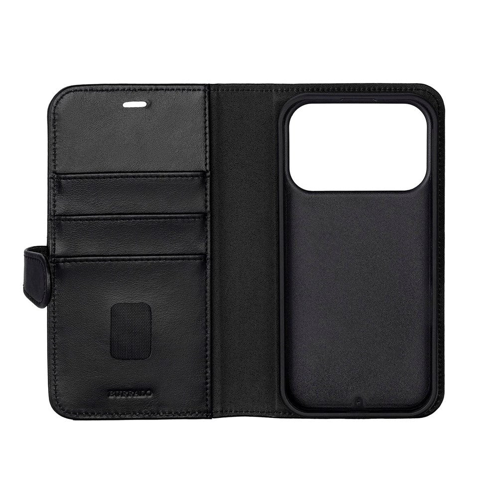 iPhone 17 Pro Buffalo 2-i-1 Ekte Skinn Flip Deksel - Svart