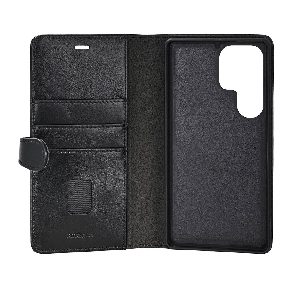 Samsung Galaxy S26 Ultra Buffalo 2-i-1 Ekte Skinn Flip Deksel - MagSafe Kompatibel - Svart