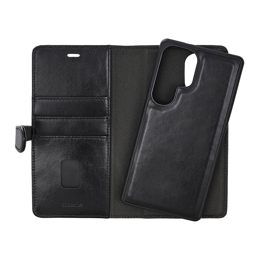 Samsung Galaxy S26 Ultra Buffalo 2-i-1 Ekte Skinn Flip Deksel - MagSafe Kompatibel - Svart