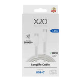 X2O Longlife 100W USB-C til USB-C Kabel - 1m - Hvit