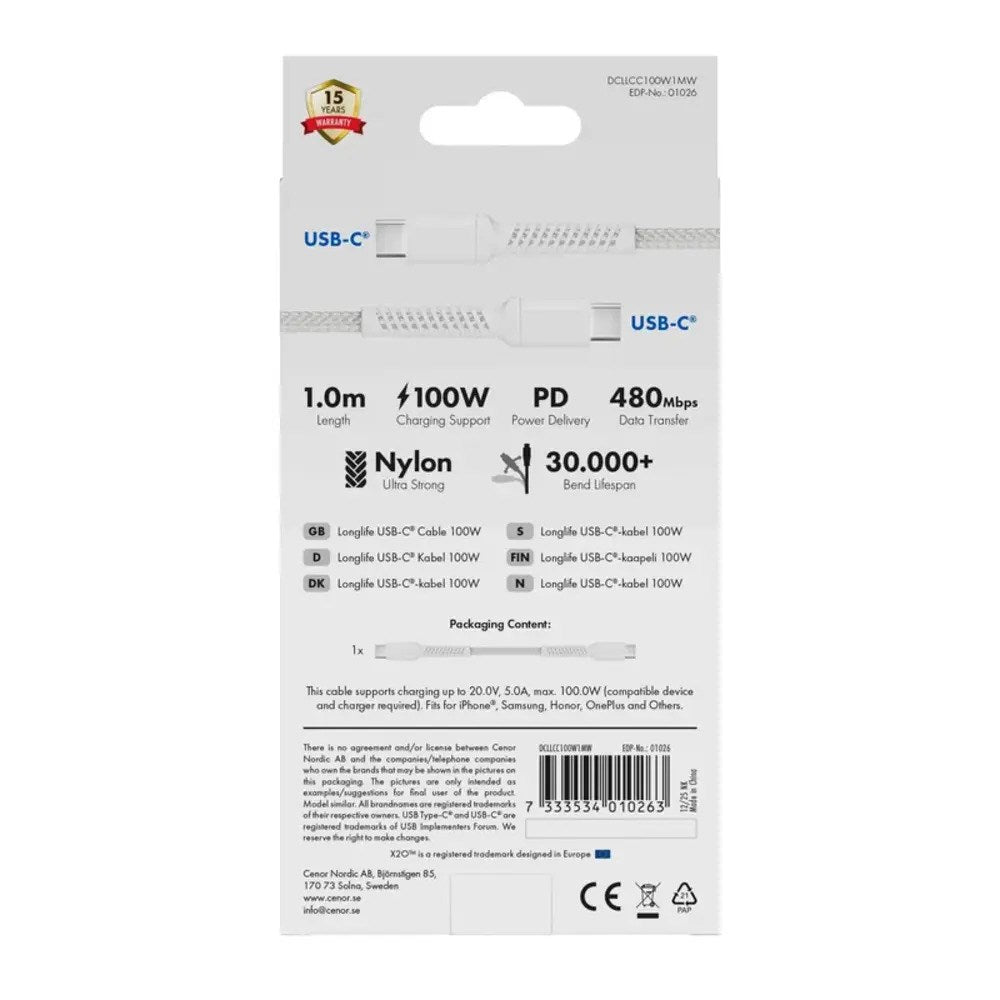 X2O Longlife 100W USB-C til USB-C Kabel - 1m - Hvit