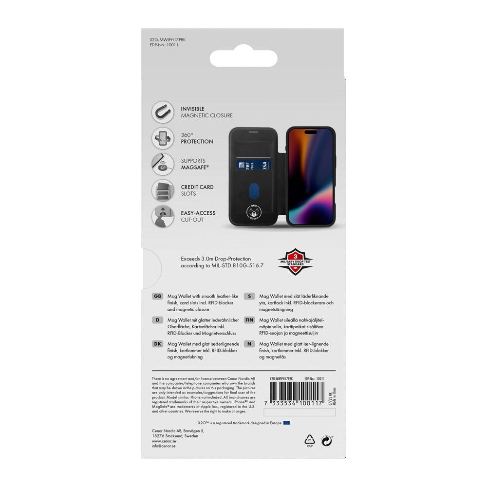 X2O iPhone 17 Pro Mag Wallet Flip Deksel med Kortholder - Svart